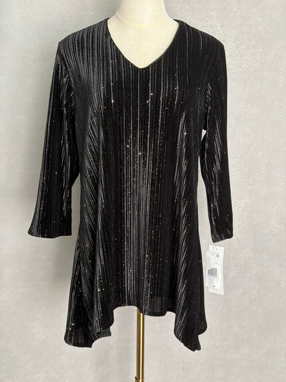 Caroline Rose Velvet Textured Top Gold Glitter Detail Black Women's XS NEW